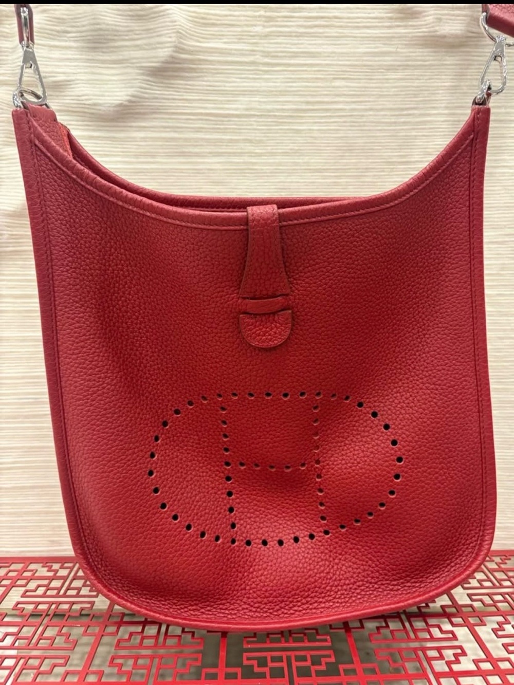 Hermes Red Pebbled Leather Shoulder Bag with Perforated H